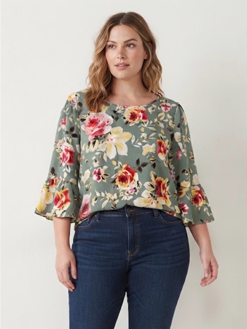 Green Envelope Los Angeles Green Floral Bell Sleeve Blouse Size 2X